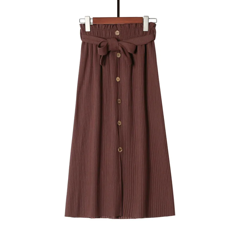 Трикотажная длинная юбка с одной пуговицей для женщин, однотонная тонкая плиссированная юбка для женщин на осень и зиму, эластичные юбки с высокой талией для женщин
