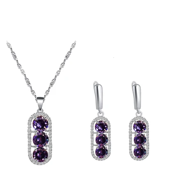 

Purple Round 925 Sterling Silver Zircon Earrings Necklace Pendant Jewelry Fashion Anniversary Set JS841