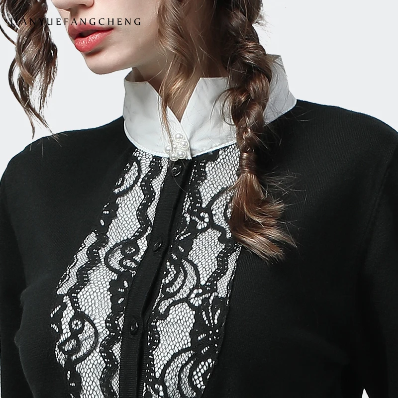 Women Cardigan Sweater Knitted Tops Casual Fake Two Pieces Set POLO Neck Long Sleeve Loose Thin Female Autumn Bottoming Sweaters