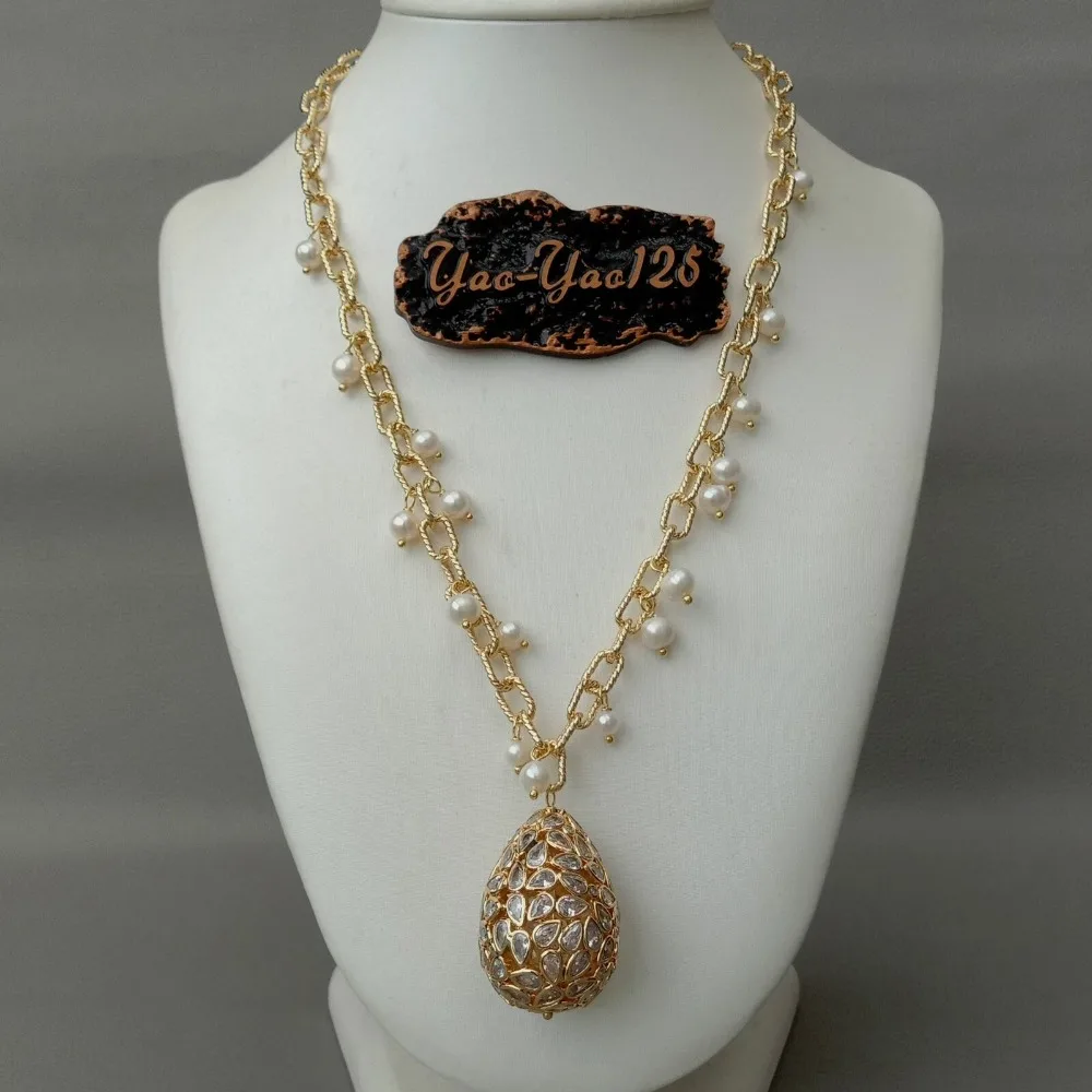 

19'' White Pearl Yellow Golden Plated Chain Necklace CZ Pave Teardrop Pendant