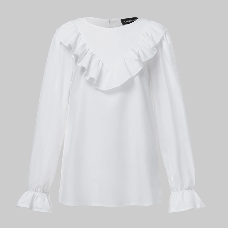 Женские повседневные Однотонные блузки размера плюс, топы, весна-осень, рубашки с длинным рукавом-фонариком и оборками, стильные офисные вечерние блузы, S-5XL - Цвет: Белый