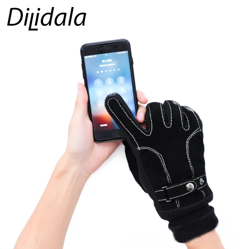 Dilidala Leather Motorcycle Gloves Cold-proof Solid Color Touch Anti-freeze Touch Screen Gloves Leather Driving Gloves Men