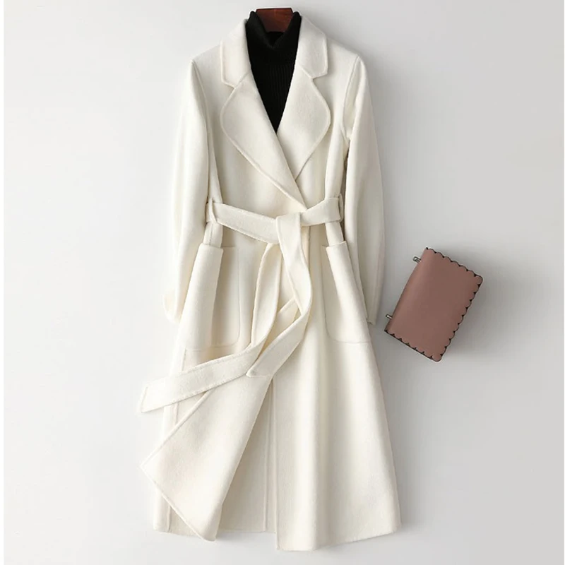 2020 Autumn Women White Doublefaced Cashmere Coat Winter High Quality