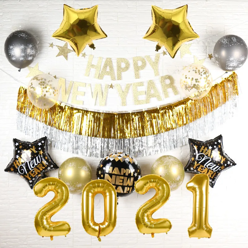 Новый год 2021 набор украшений для вечеринки золотистый черный цвет воздушные шары