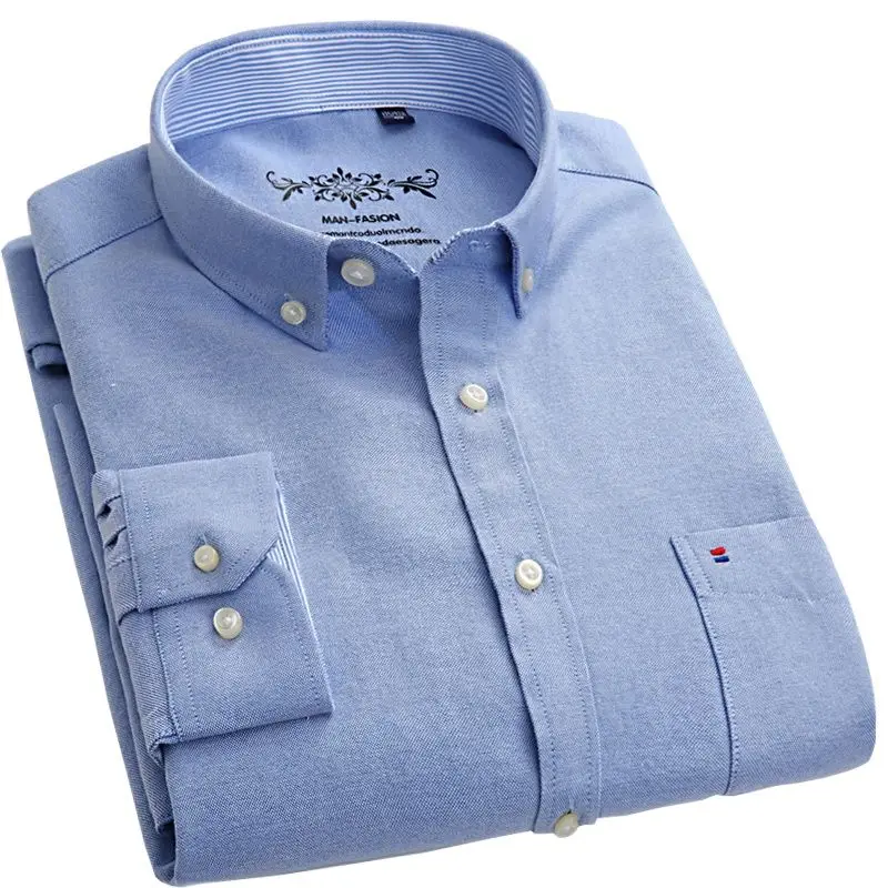 Casual Shirts Mens Clothing Oxford-Fabric Long-Sleeve Thick Striped Regular-Fit Button-Collar