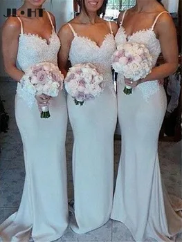 

In Stock Mermaid Bridesmaid Dresses Long Wedding Party Dress Spaghetti Straps Elastic Satin Sweep Brush Train Bridesmaid Dress