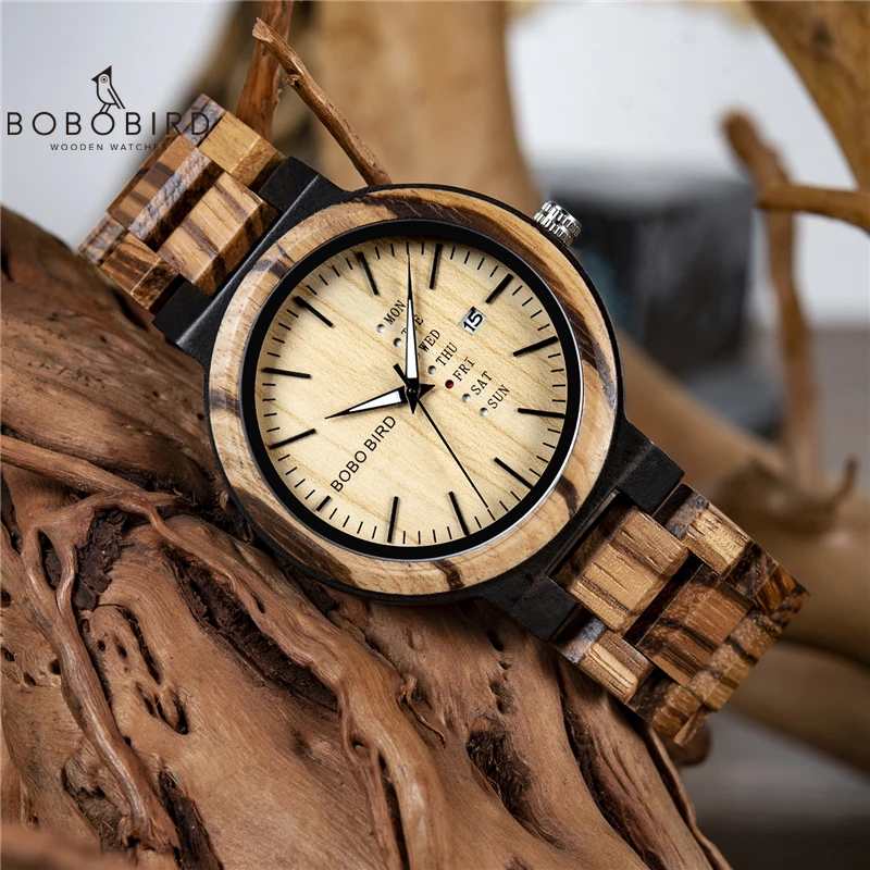 Bobo Bird Men Wristwatches Quartz Movement Complete Calendar Wood Watch  Week Display Relogio Masculino In Gift Box - Quartz Wristwatches -  AliExpress