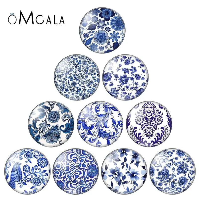 Blue and white Porcelain Flowers mixed 10pcs 12mm/18mm/20mm/25mm Round photo glass cabochon demo flat back Making findings