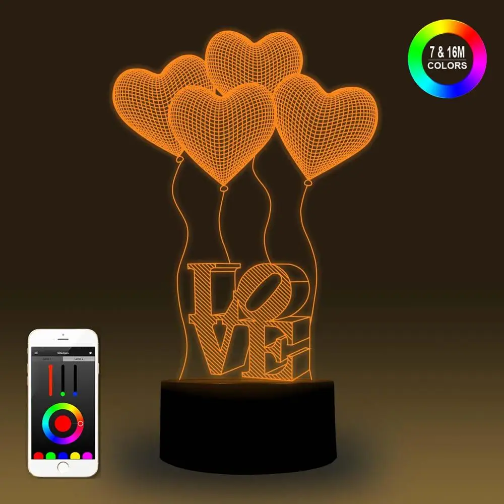 NiteApps 3D Любовь и сердца ночник настольная Иллюзия украшение лампа подарок на день рождения приложение/сенсорное управление