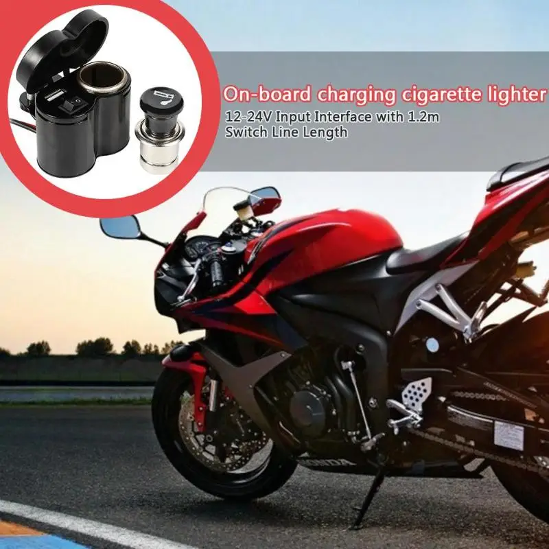 2 in 1 Motorcycle Handlebar Cigarette Lighter Power Adapter 5V 2.1A USB Phone Charger with 1.2m Cable
