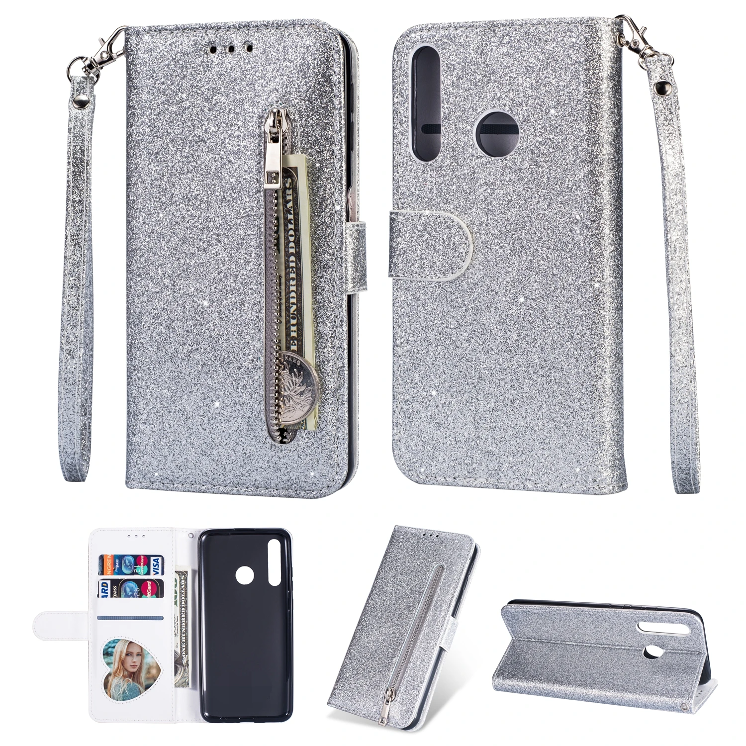 Silver Застежка-молния чехол для samsung Galaxy A70 A50 A40 A30 A20 A10 M10 M20 M30 Bling кожаный захлопывающийся Чехол-бумажник с подставкой и визитницей для телефона чехол Coque - Цвет: Silver