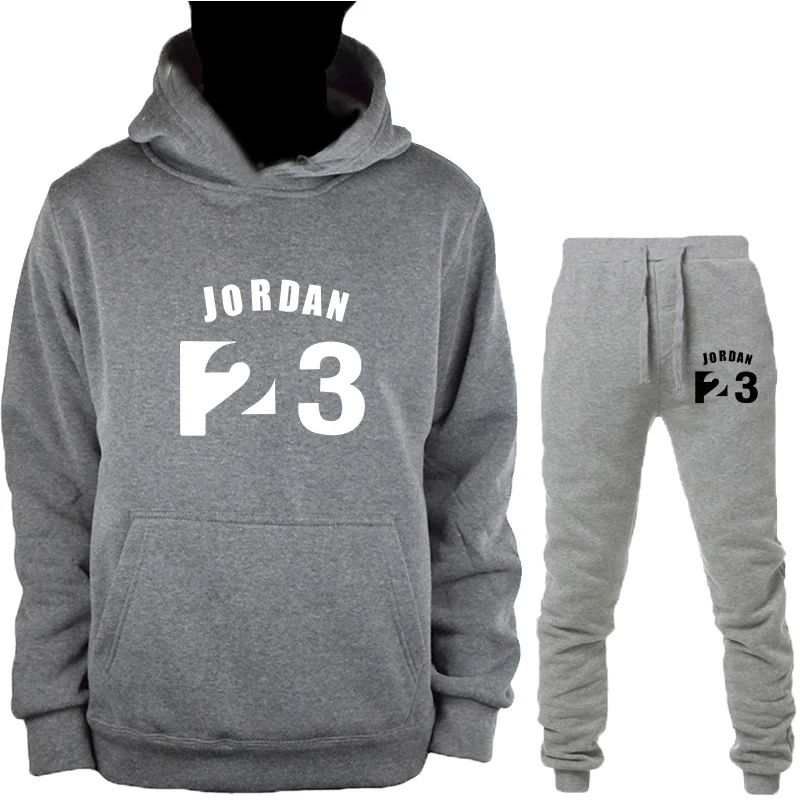 Новинка, модный брендовый спортивный костюм JORDAN 23, мужская спортивная одежда, комплект из двух предметов, хлопковая флисовая плотная толстовка с капюшоном+ штаны, спортивный костюм для мужчин s - Цвет: GrayB-HuiK
