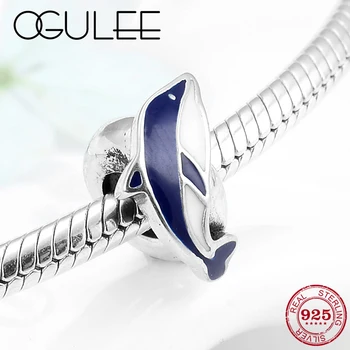 

Round 925 Sterling Silver Blue Enamel dolphin fine spacer stopper beads DIY Jewelry making Fit Original Pandora Charm Bracelet