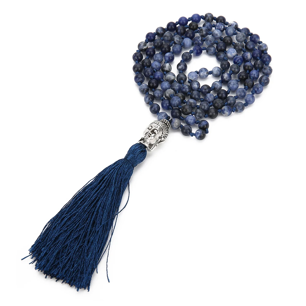 108 Mala Beaded Knotted Semi-Precious Stone Jewelry Meditation Declaration Prayer Big Buddha Head Tassel Pendant Long Necklace | Украшения