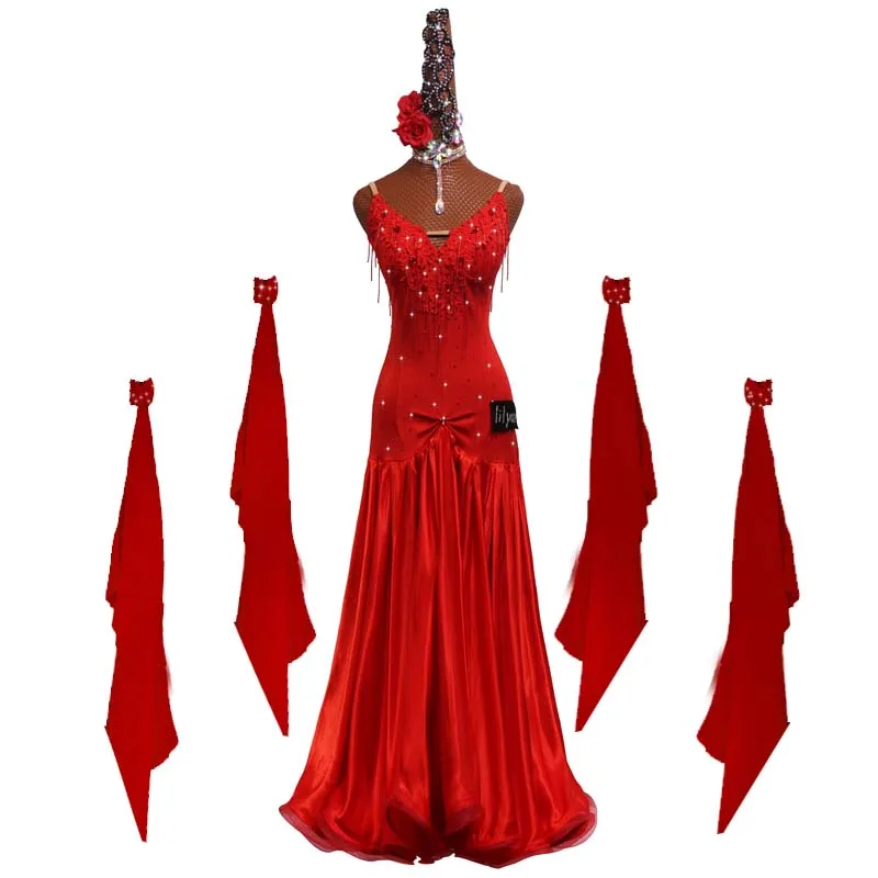 Ballroom Dance Standard Skirt Competition Costumes Performing Dress Customize Adult Kids Red Embroidered