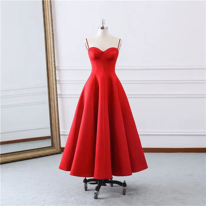 Элегантные атласные Спагетти ремень на шнуровке Vestidos De Festa вечерние платья без рукавов платье-миди для выпускного вечерние платья - Цвет: Red