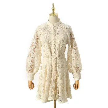 

Hollow Out Lace Floral Embroidery Long Sleeve Dress Women Elegant Runway Designer 2020 New Spring Fall High Waist A-line Dresses