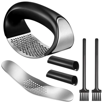 

Garlic Press Rocker Stainless Steel Garlic Press Mincer with Garlic Cleaning Brush and Silicone Tube Peeler for Easy