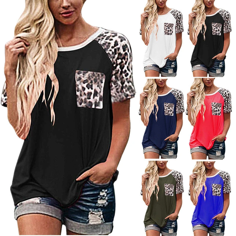 

Leopard Short Sleeve Pockets Tshirts Women Summer O Neck Casual Plus Size Tops Tee Lady Loose Cotton T shirt Clothes