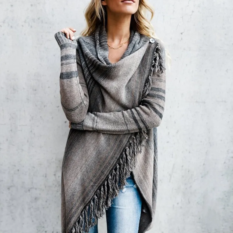 

Women Speckled Fringe Striped Printed Sweater Coat Long Sleeve Irregular Hem Open Front Cardigan Poncho Knit