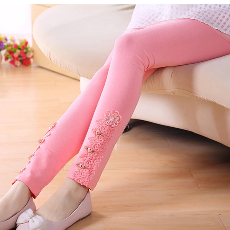 

Baby Child Girls Leggings Spring Autumn Cotton Middle Waist Footed Floral Lace Patchwork Opaque Gray Pink Blue