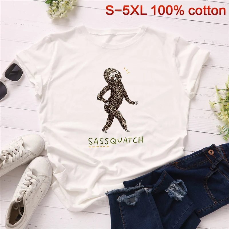 

2019 Summer Fashion Funny Sassquatch Printed T shirt Lady Short Sleeve Tops Women Tee Shirts Loose Casual Cartoon Animal Shirt