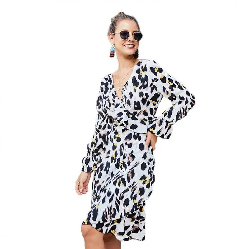 Women Dress Leopard Print Long Sleeve Dresses New Arrival 2020 Spring Dresses Women's Print V-neck Dress Women Vestidos