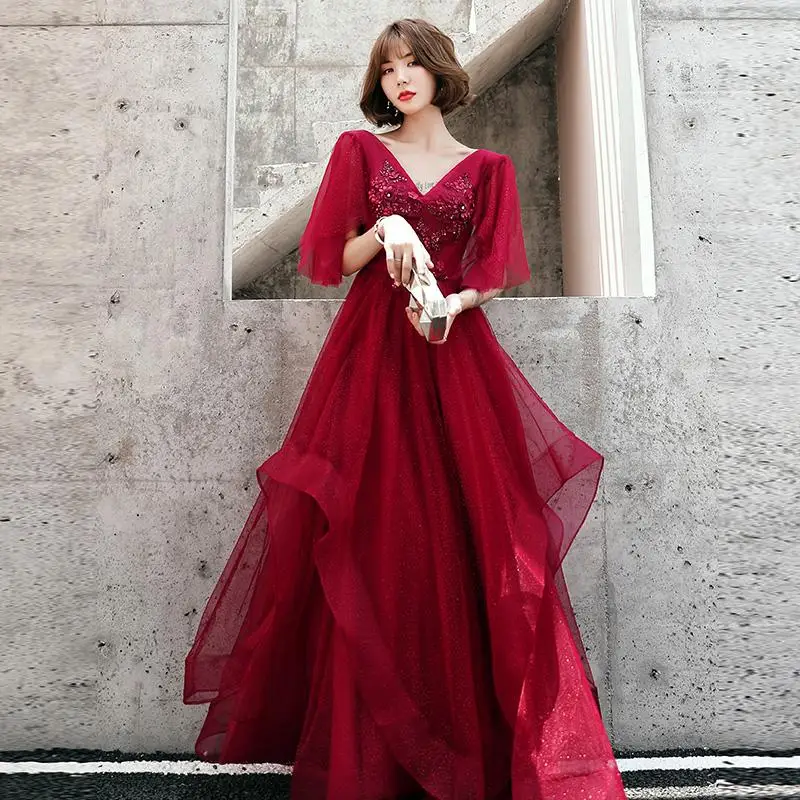 Роскошное шикарное платье Cheongsam с аппликацией, благородное вечернее платье, женское платье Qipao на тонких бретельках, Сетчатое платье для выпускного вечера, Robe De Soiree - Цвет: burgundy v-neck