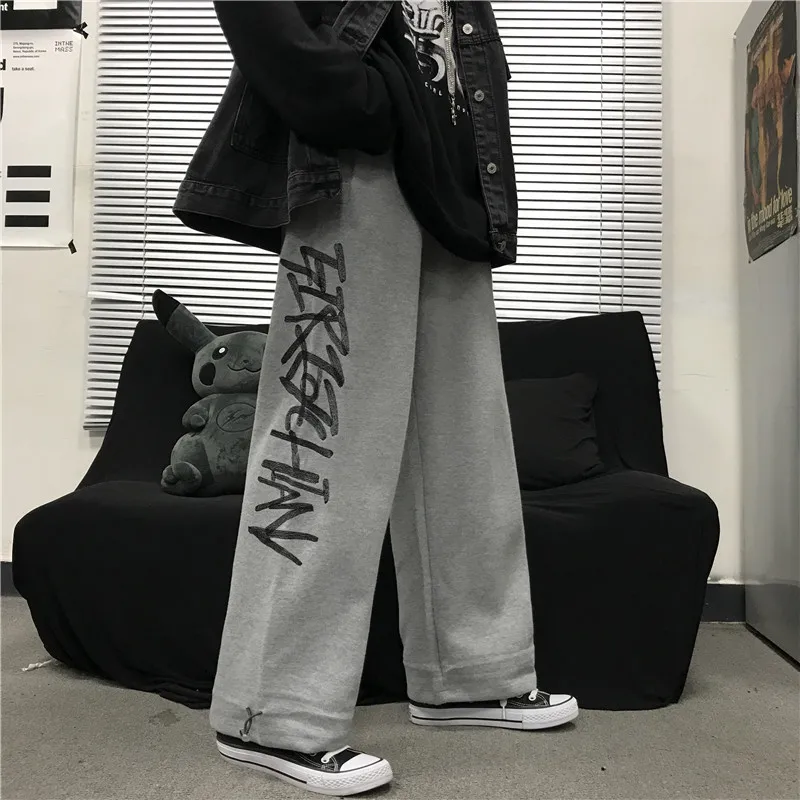 LMCAVASUN Harajuku плюс бархатные спортивные штаны с принтом, эластичные с высокой талией, широкие длинные штаны, Свободные повседневные зимние женские брюки