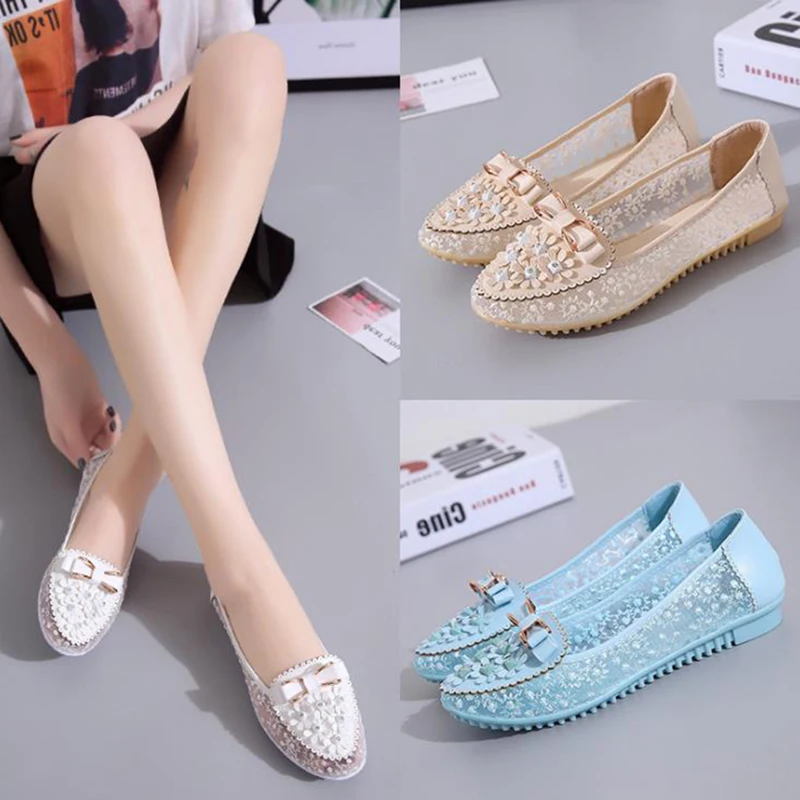 

2020 summer breathable shallow mouth low heel non slip Doudou shoes bowknot flower set foot flat mesh women's shoes