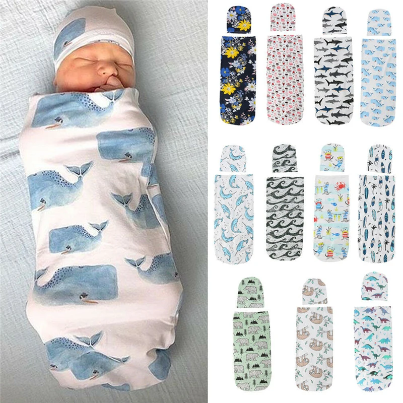 12M Baby Swaddle Blanket Newborn Baby Floral Swaddle Blanket Toddler Girl Boys Receiving Infant Wrap Hat 2pcs