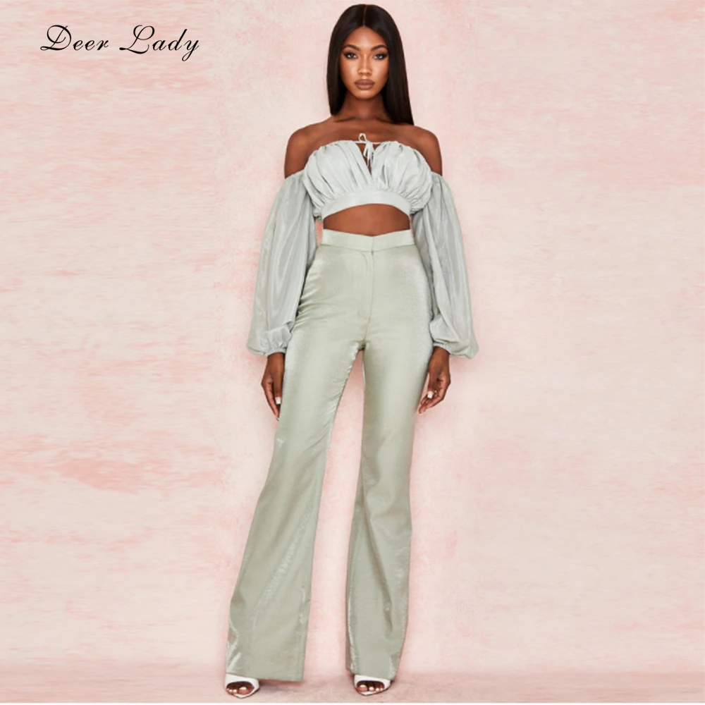 

Deer Lady 2 Piece Set Women 2019 Winter Long Sleeve Top Set Green High Waist Pants Long Sexy Party Pants