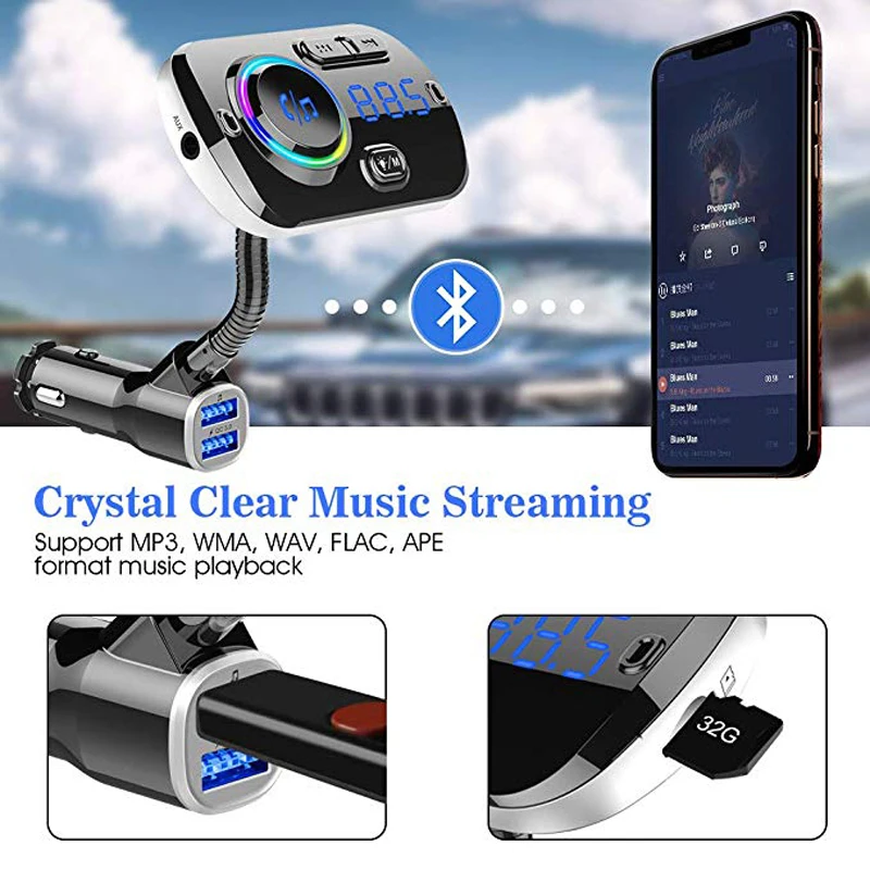 Автомобильный Bluetooth MP3-плеер, автомобильный fm-передатчик QC3.0, окружающий светильник, голосовой помощник, атмосферная лампа, автомобильные аксессуары