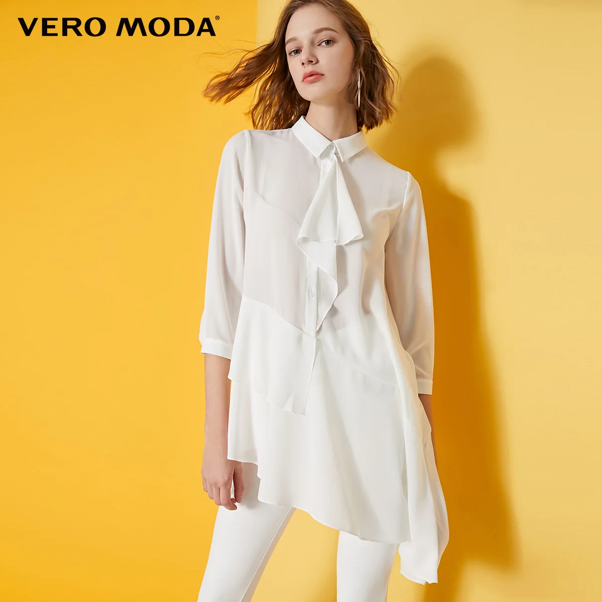 Vero Moda женская шифоновая блузка средней длины с оборками и отложным воротником | 319158524 - Цвет: S85 Snow white