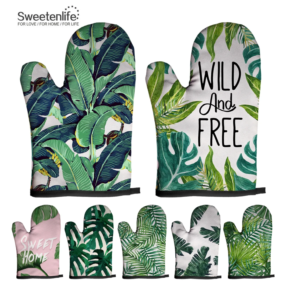 Customize Oven Mitts Baking Plant Pattern Kitchen Microwave Gloves Polyester Insulation and Anti-scalding Gloves Potholder Mat silicone oven mitts kitchen gloves silicone oven gloves