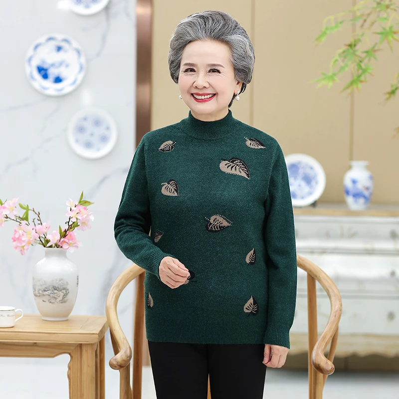 

Elderly Women Warm Soft Sweater Winter Autumn Leaf Pattern Knitted Pullover Crew Neck Knitwear Jumper Mujer Grandma Mother Pull