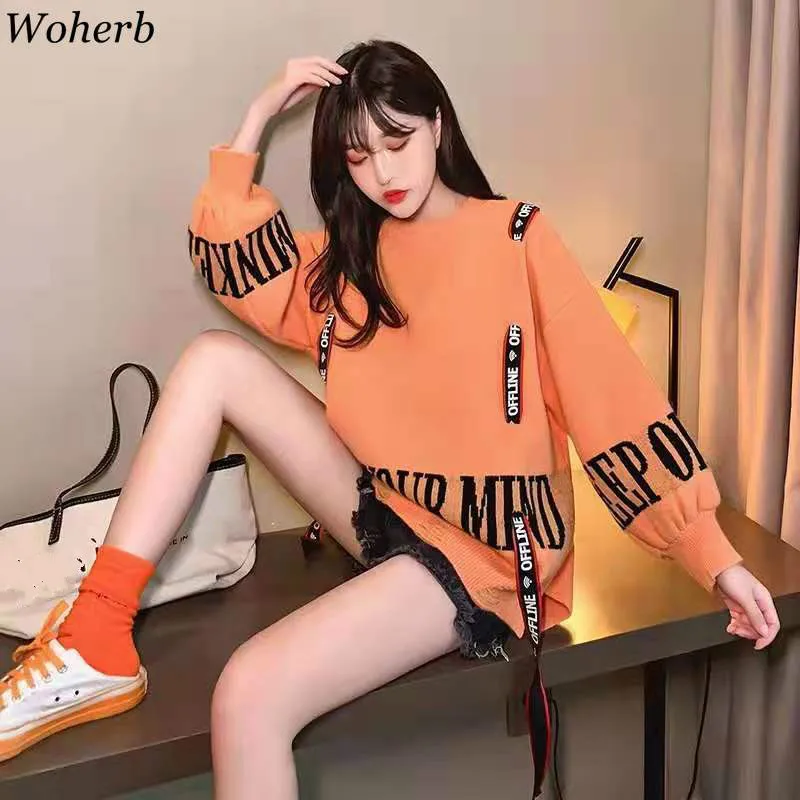 

Woherb Korean Fashion Sweater Women Letter Bandage Long Sleeve Pullover Autumn New Clothes Loose Streetwear Pull Femme 91067