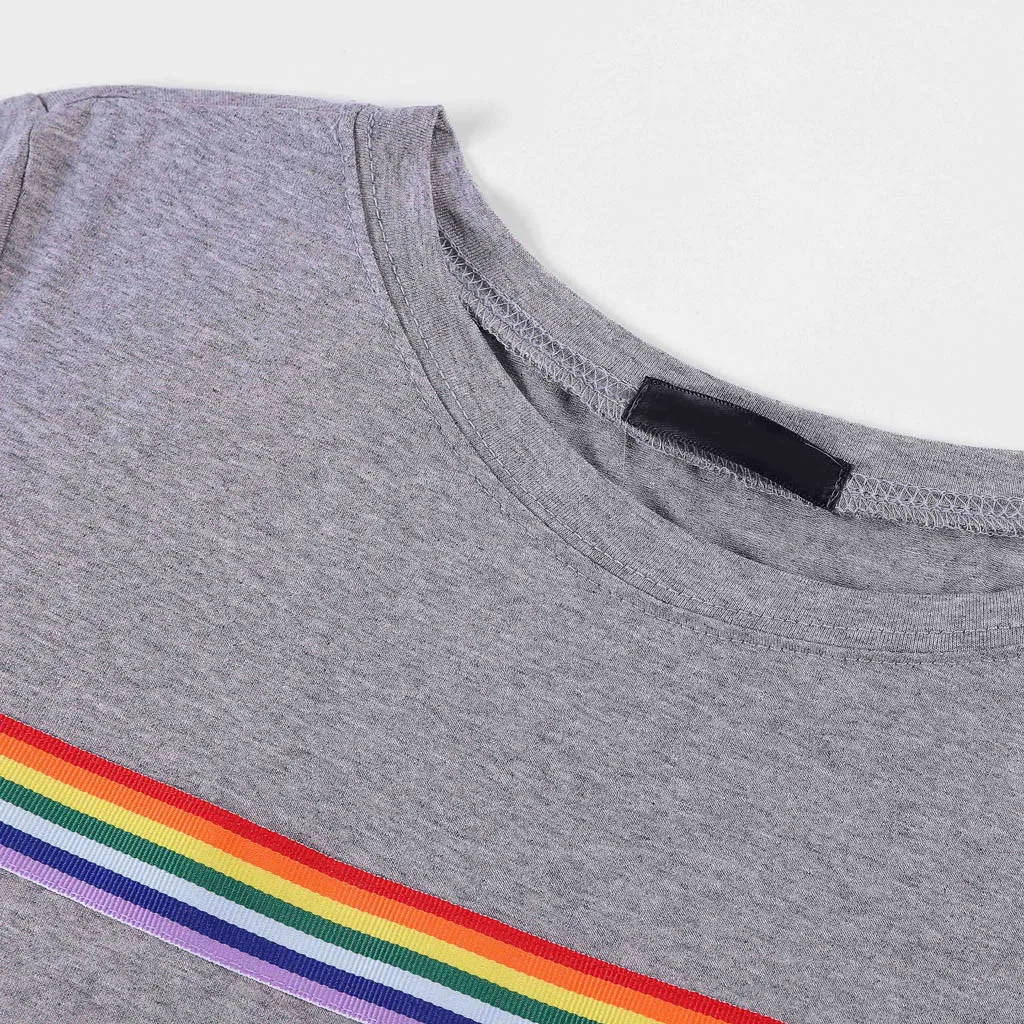 Harajuku футболка женская летняя футболка Rainbow Striprd с коротким рукавом и круглым вырезом Женский Топ Slim Fit VogueBlusas белая женская рубашка