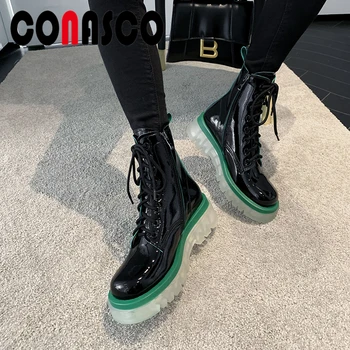 

CONASCO Popular Cool Women Ankle Boots Fashion Genuine Leather Autumn Winter 2020 New Lace-Up Platforms Zip Short Boots Woman