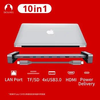 

Snowkids Type C Hub Docking 10in1 USB C PD LAN RJ45 HDMI SD TF USB3.0 Rack Enhancement for MacBook HP Dell Huawei Mi Samsung