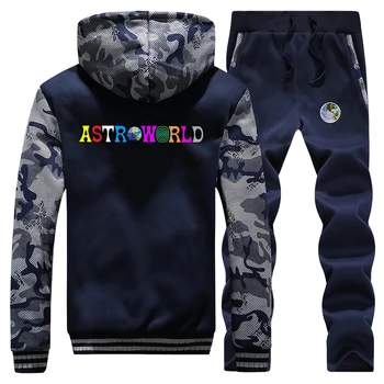 

Hoodie Pants Set Men Tracksuit Astroworld Smile Defend the Earth Coat Track Suit Winter Thick Fleece Jacket 2 PCS Camo Plus Size
