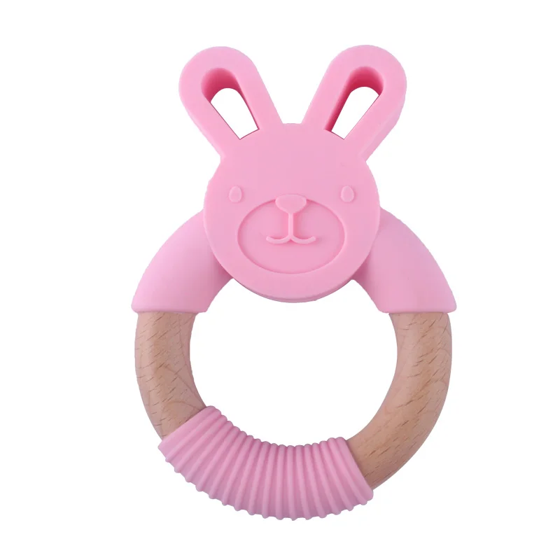 1 шт. силиконовый Прорезыватель для зубов с кроликом, кольцо для прорезывания зубов, деревянное жевательное кольцо для животных, игрушка для кормления зубов, подарок для детского душа, сенсорные игрушки для новорожденных - Цвет: Розовый