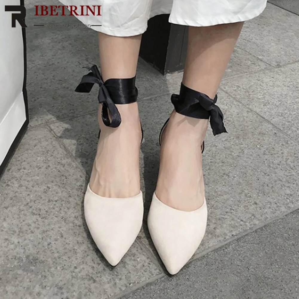 

RIBETRINI Fashion Female Spring Shoes Woman Butterfly Knot Pointed Toe Loe Heel Pumps Women Casual Office Party Black Pumps