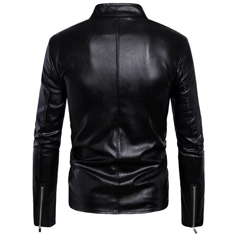New Casual Slim Mens Multi-zipper Leather Jacket Fashion High Quality Men Solid Color Male Motorcycle PU Leather Jacket Coat