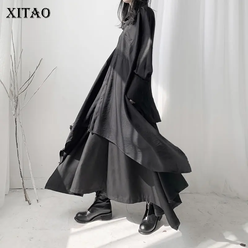 XITAO Ассиметрия плюс размер однобортное платье для женщин свободный отложной воротник женские платья Harajuku женская одежда WLD3068