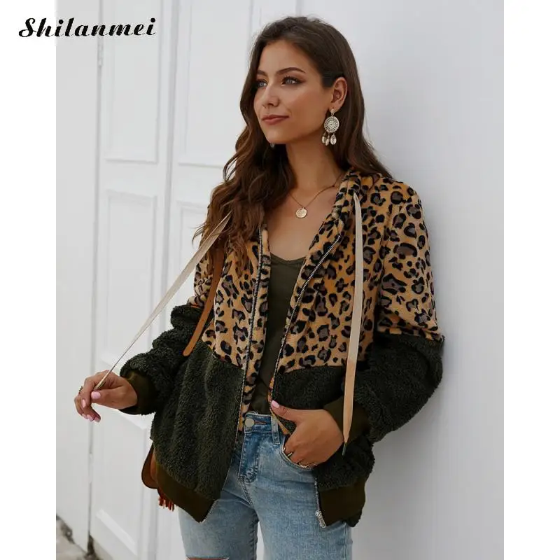Леопардовая флисовая женская зимняя теплая куртка на молнии, Женская Лоскутная Женская куртка с капюшоном, плюшевое Пальто Harajuku, Chaqueta Mujer