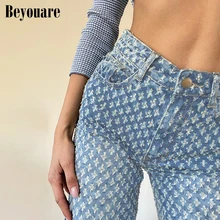 

Beyouare Streetwear Plaid Jeans Women Trousers High Waist Pockets Wide Leg Pants 2020 Autumn Button Loose Casual Fashion Pants