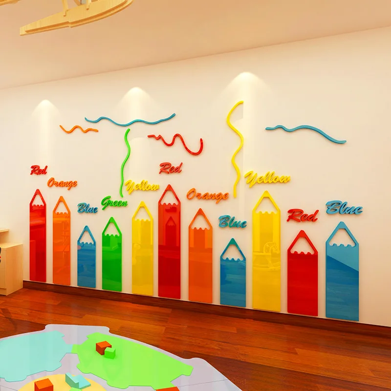 

3D Acrylic Wall Stickers Color Crayon Kindergarten Cartoon Decoration Wallpaper Decals For Kids Room Art Background Posters DIY