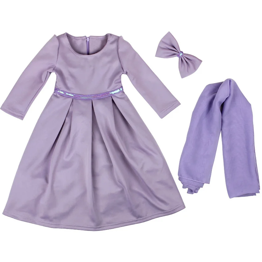 100-130 см, детский хиджаб для девочки+ платье, комплект одежды, однотонный полиэстер, мусульманские исламские костюмы для девочек, элегантное арабское платье - Цвет: Purple dress