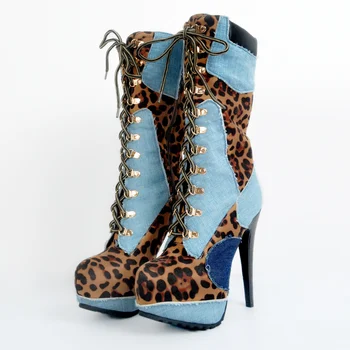 

Womens Leopard Lace Up Mid Calf Boots Platform Stretch Stilettos Match Colors Super High Heel NIghtclub Shoes Plus Sz 3Colors